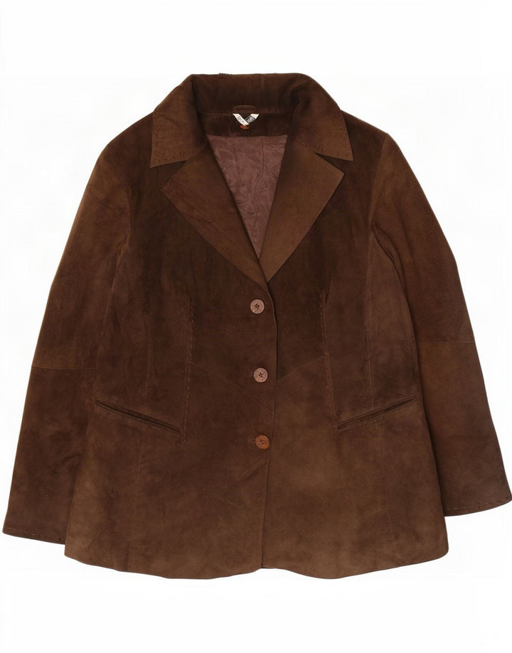 Giacca blazer vintage in pelle scamosciata a 3 bottoni da donna UK 14 Marrone medio