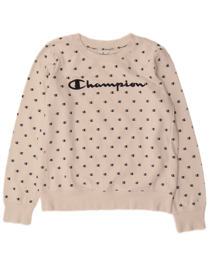 Felpa con grafica da donna CHAMPION Maglione UK 14 Cotone bianco medio
