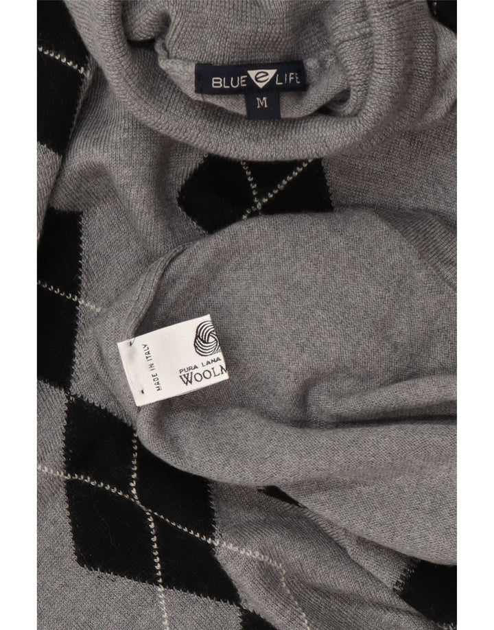 Maglione maglione vintage da donna con collo alto UK 14 Grigio medio Argyle/Diamante
