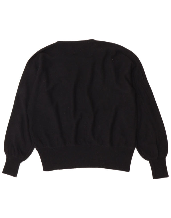 Maglione maglione girocollo da donna vintage UK 16 grande lana floreale nera