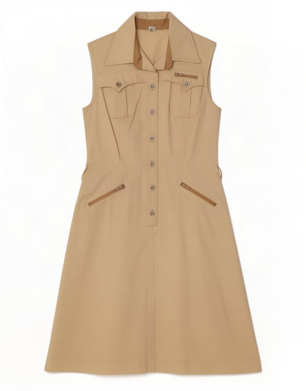 Abito a trapezio senza maniche da donna vintage UK 12 Poliestere beige medio
