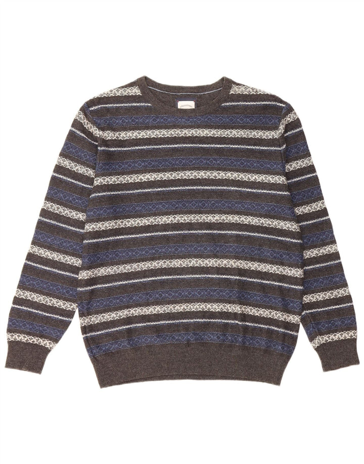 Maglione vintage da uomo girocollo in cotone a righe grigio medio