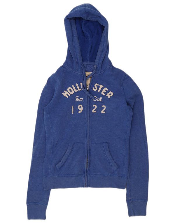 Felpa con cappuccio e zip grafica Hollister da donna UK 10 Small Blue Flecked Cotton