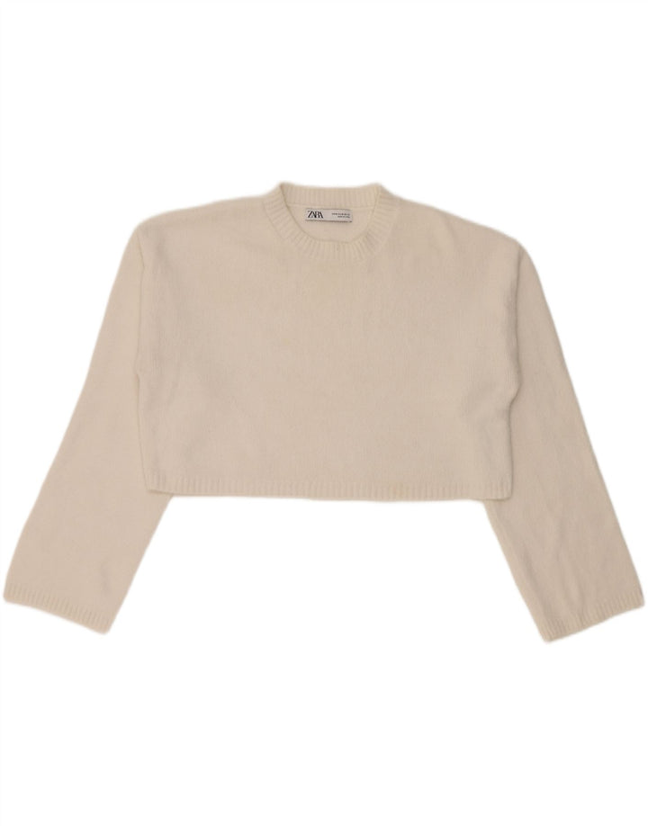 Maglione corto girocollo da donna Zara UK 14 nylon bianco medio