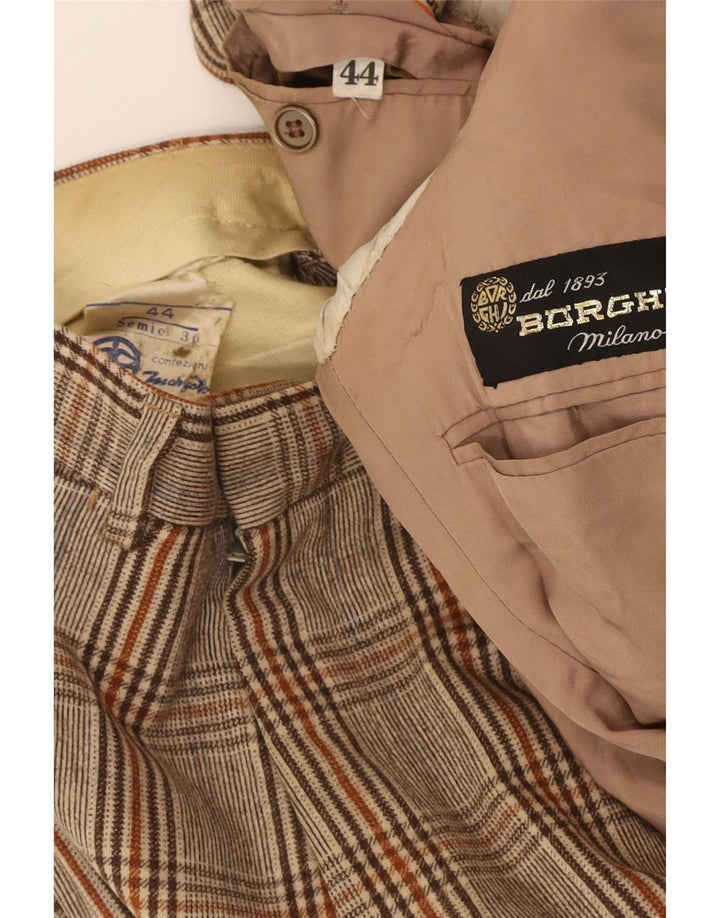 Abito vintage da uomo a 3 bottoni e 2 pezzi IT 44 XS W26 L27 marrone a quadri