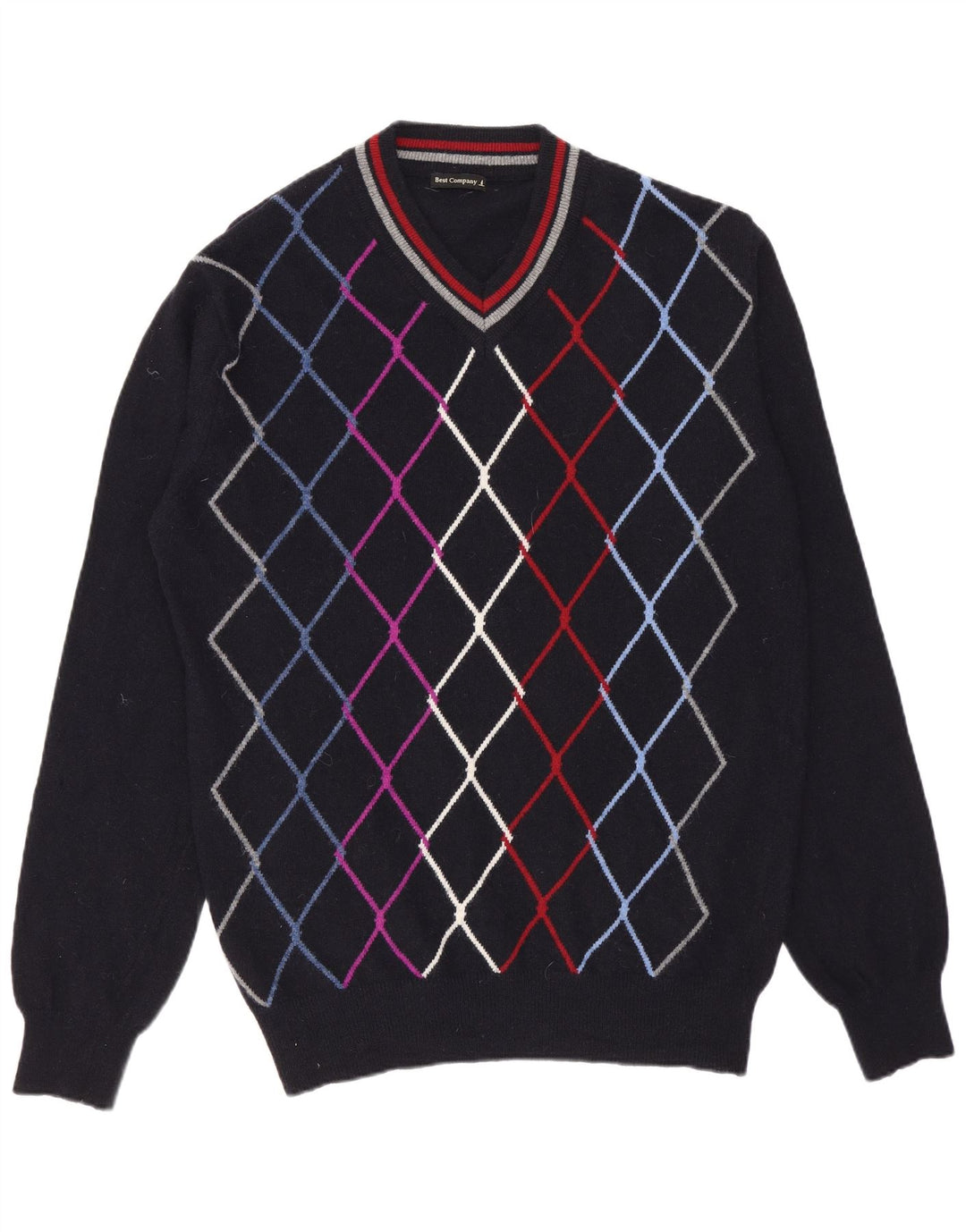 Best Company Maglione da uomo con scollo a V medio blu navy a rombi/diamante