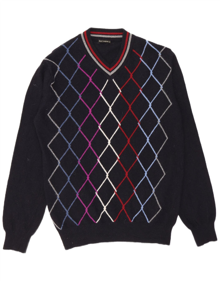 Best Company Maglione da uomo con scollo a V medio blu navy a rombi/diamante