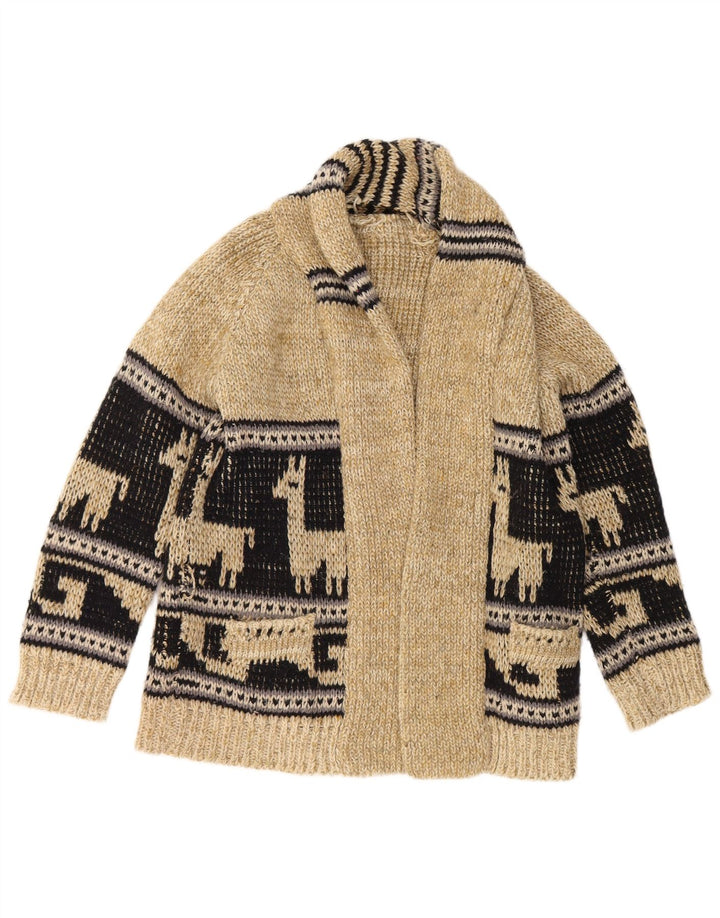 Maglione cardigan aperto grafico da uomo vintage color block beige medio