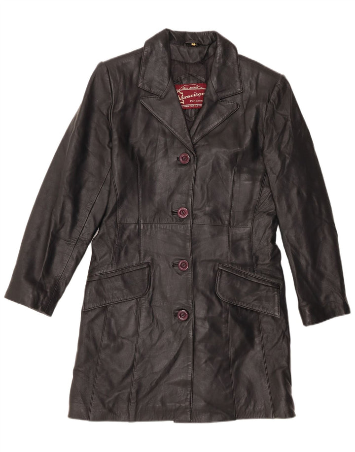Cappotto in pelle vintage da donna UK 12 in pelle nera media