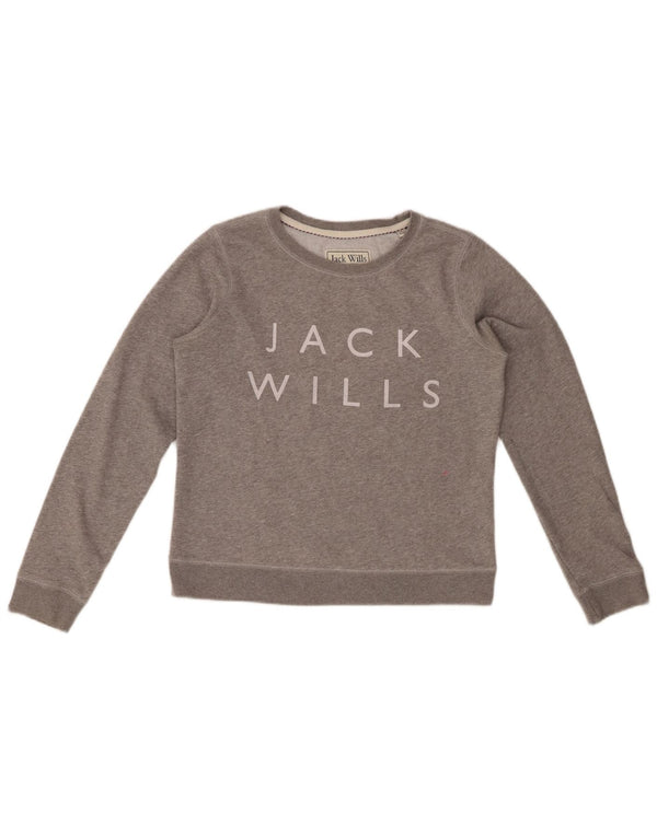 JACK WILLS Felpa con grafica da donna Maglione UK 12 Grigio medio chiazzato