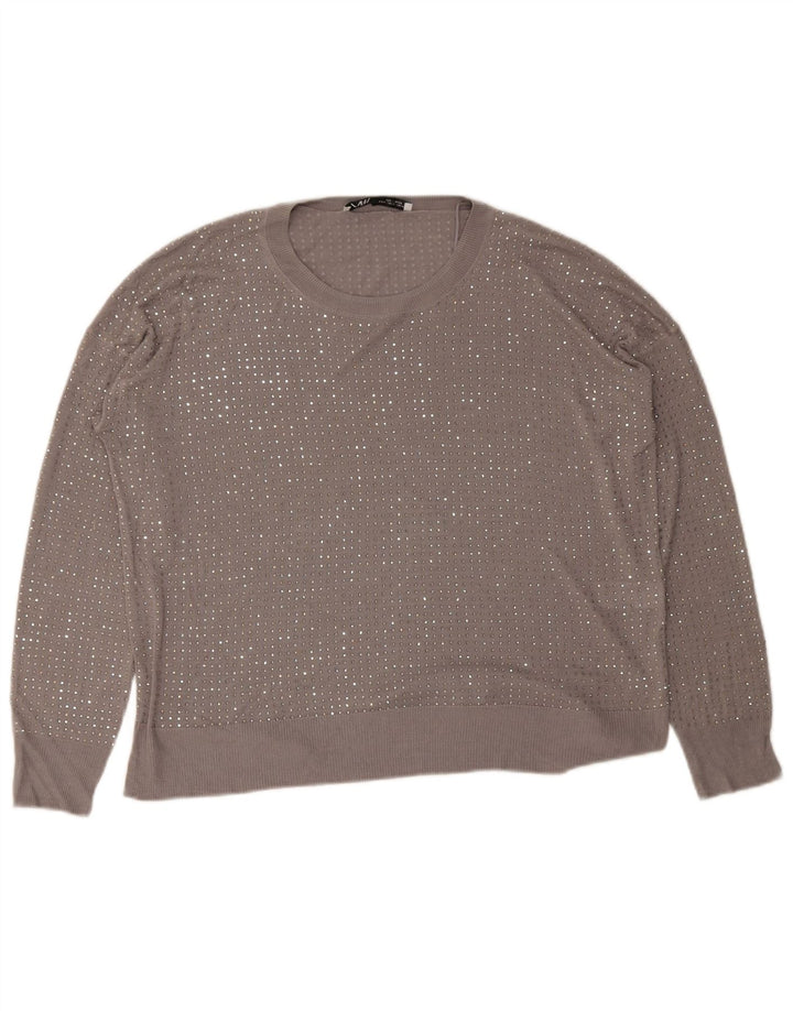 Top Blusa Donna Zara UK 14 Viscosa Maculata Grigio Medio