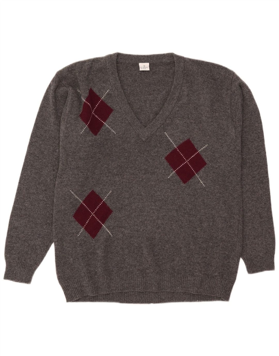 Maglione vintage da uomo con scollo a V IT 52 grande grigio a rombi/diamante