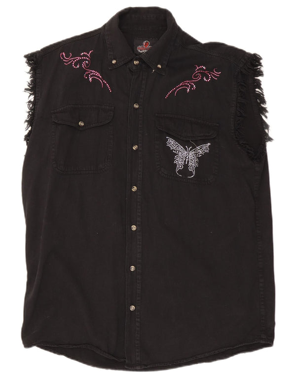 Camicia in denim senza maniche con grafica da donna Bikers UK 16 grande cotone nero