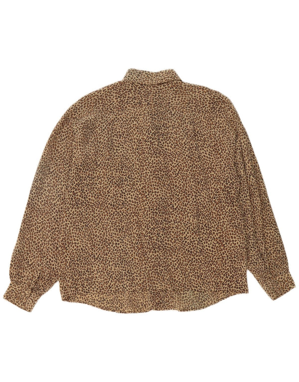Camicetta camicia vintage da donna UK 14 Seta con stampa animalier marrone medio