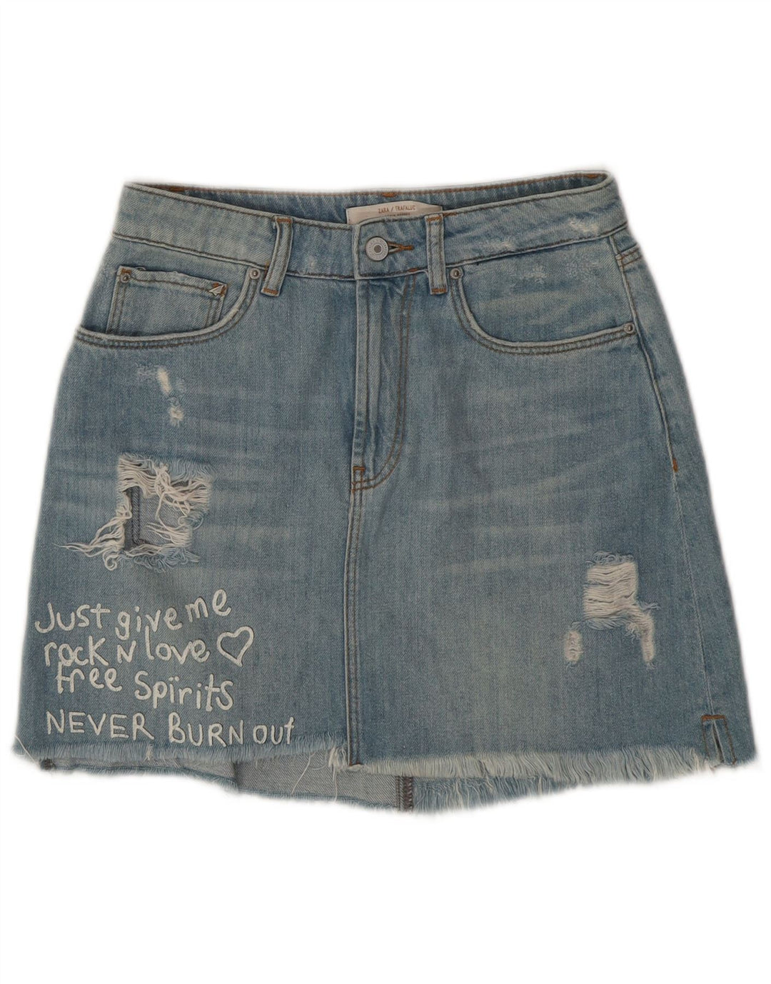 ZARA Womens Graphic Distressed Denim Skirt Small W26  Blue Cotton