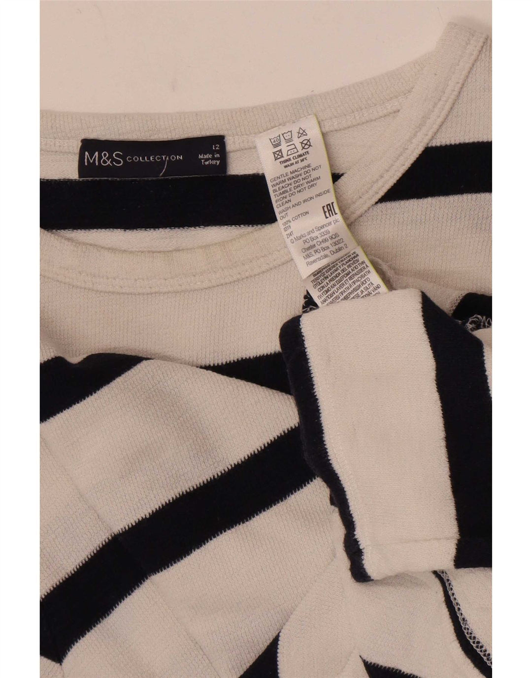 Marks & Spencer Top da donna a maniche lunghe UK 12 Cotone a righe bianche medie