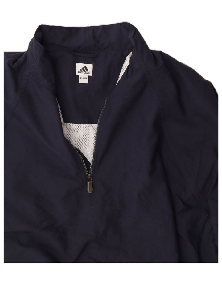 ADIDAS Mens Graphic Zip Neck Pullover Tracksuit Top XL Navy Blue Polyester Vintage Adidas and Second-Hand Adidas from Messina Hembry 