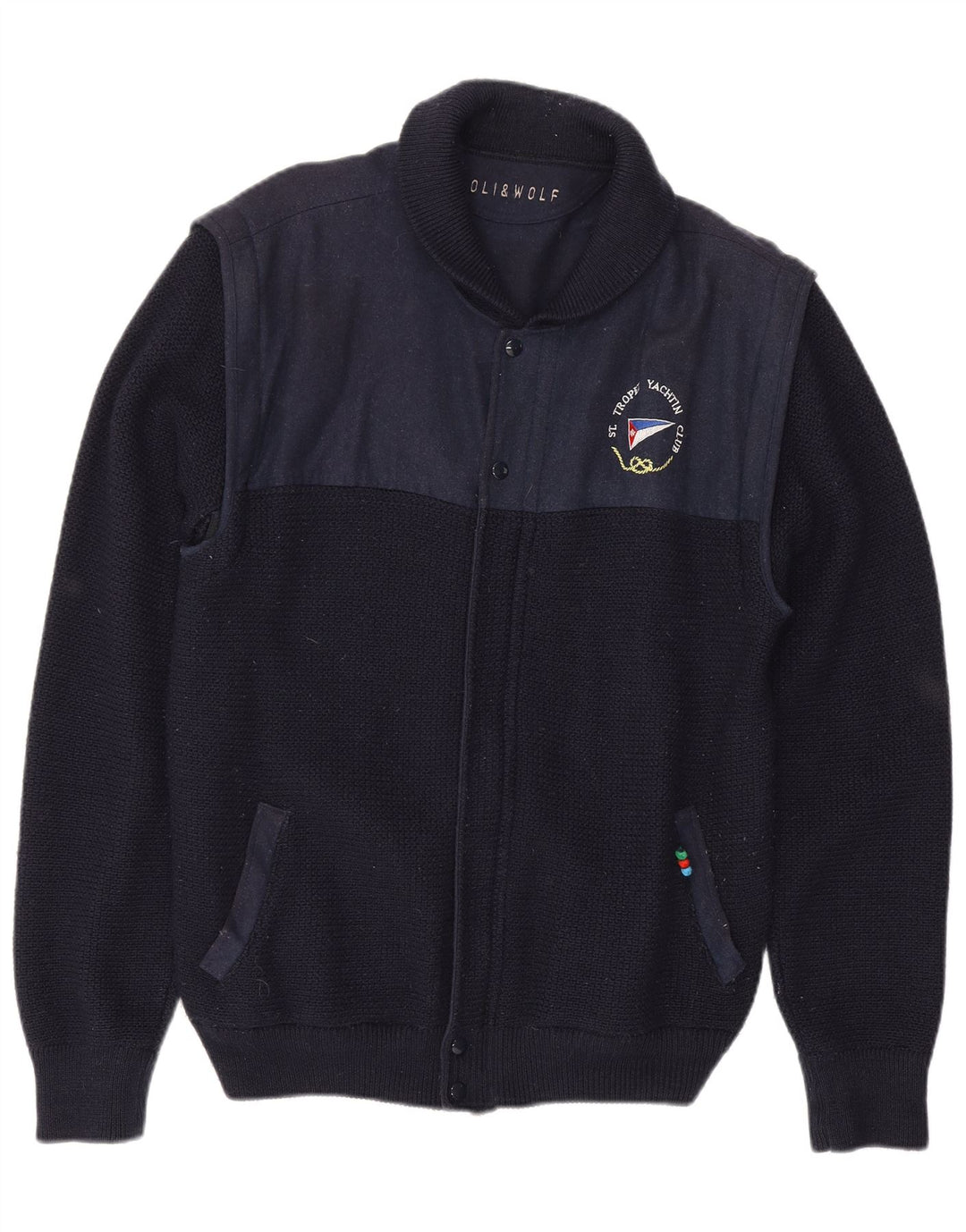 Loli Wolf Maglione cardigan da yachting da uomo in lana color block medio blu navy