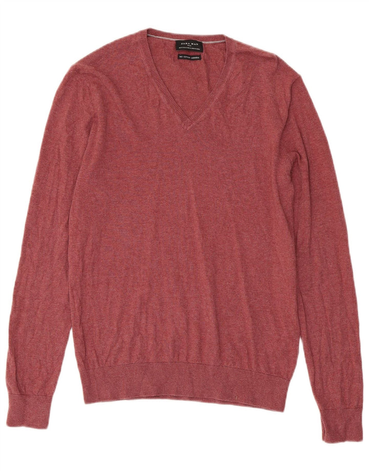 Maglione Zara da uomo con scollo a V in cotone bordeaux medio