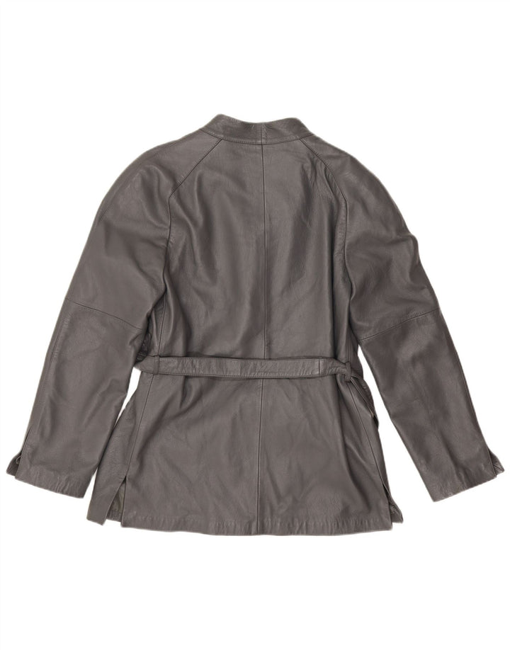 Giacca da donna vintage in pelle avvolgente IT 46 grande in pelle grigia