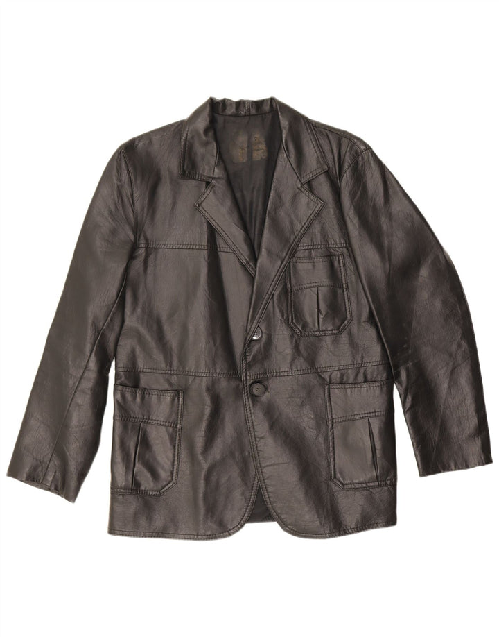Giacca blazer in pelle vintage da uomo a 2 bottoni UK 38 media nera