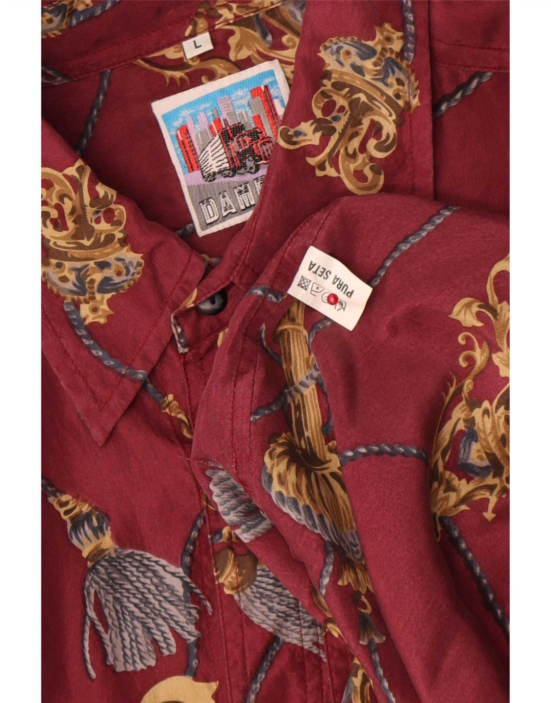 Camicia vintage da uomo con motivo astratto, grande in seta rossa