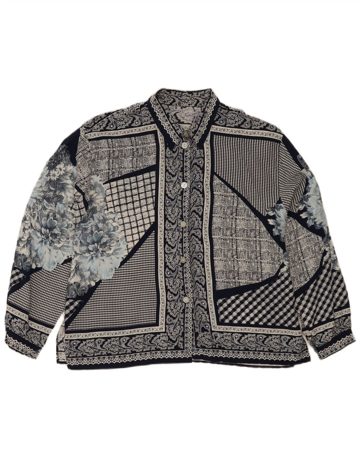 Camicetta camicia vintage da donna UK 14 grande patchwork blu navy