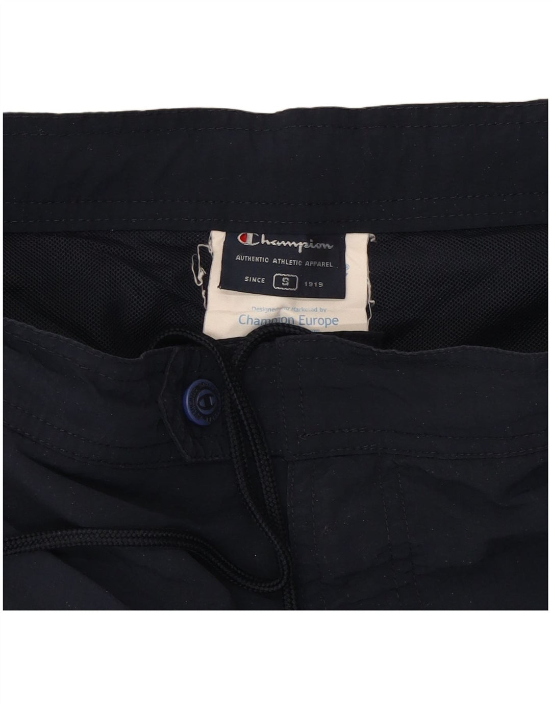 CHAMPION Mens Graphic Sport Shorts Small Navy Blue Colourblock Polyester