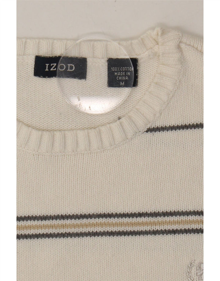 IZOD Mens Crew Neck Jumper Sweater Medium White Striped Cotton Vintage Izod and Second-Hand Izod from Messina Hembry 