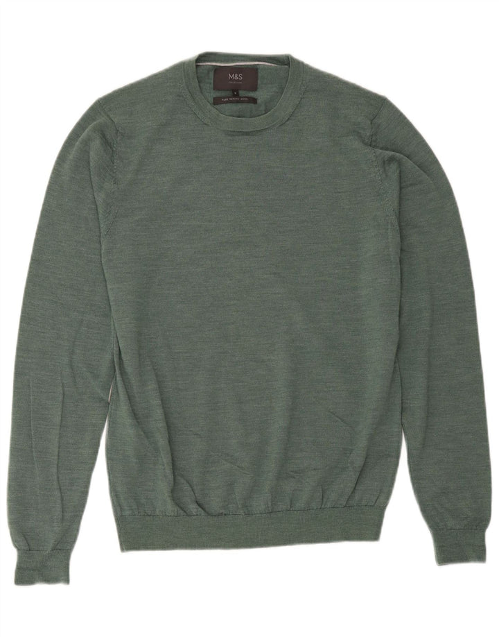 Maglione maglione girocollo da uomo Marks & Spencer verde medio in lana merino