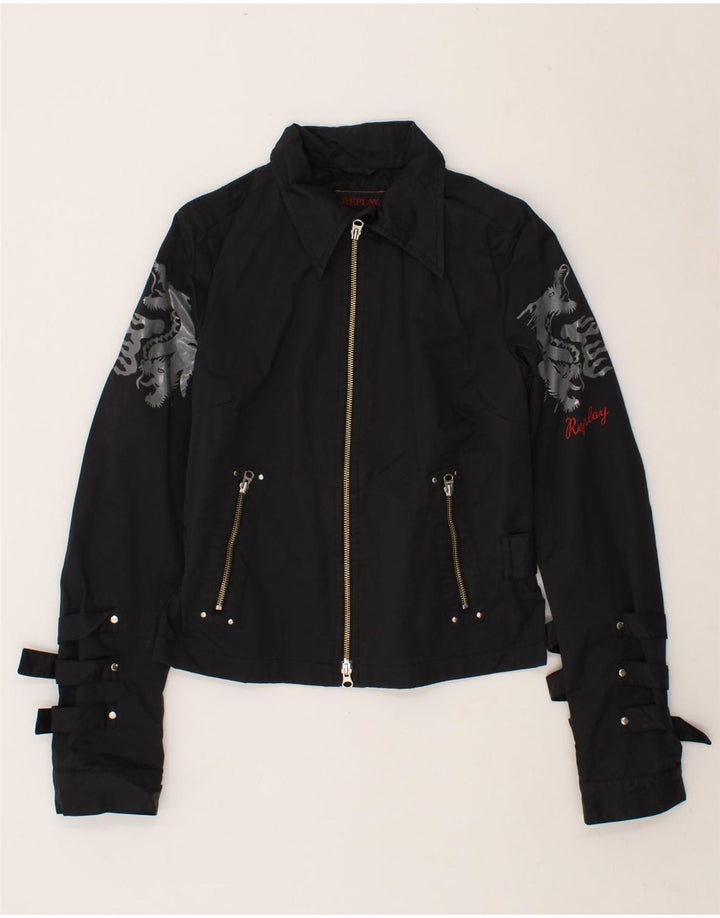 REPLAY Bomber grafico da donna UK 14 grande cotone nero