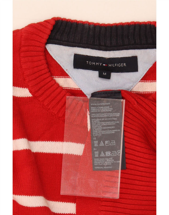 TOMMY HILFIGER Mens Crew Neck Jumper Sweater Medium Red Striped Cotton Vintage Tommy Hilfiger and Second-Hand Tommy Hilfiger from Messina Hembry 