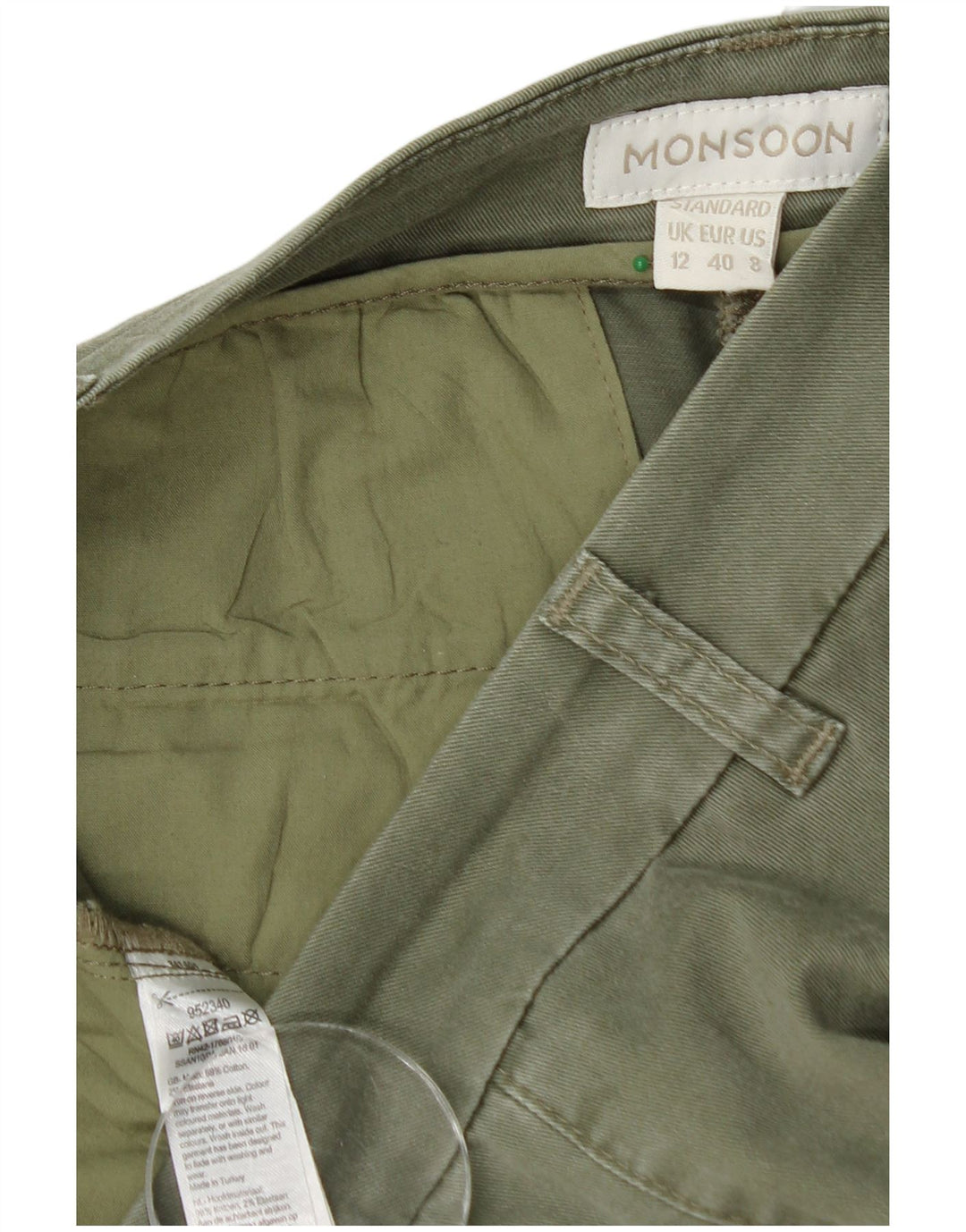 MONSOON Pantaloni chino dritti standard da donna UK 12 Medium W32 L28 Kaki