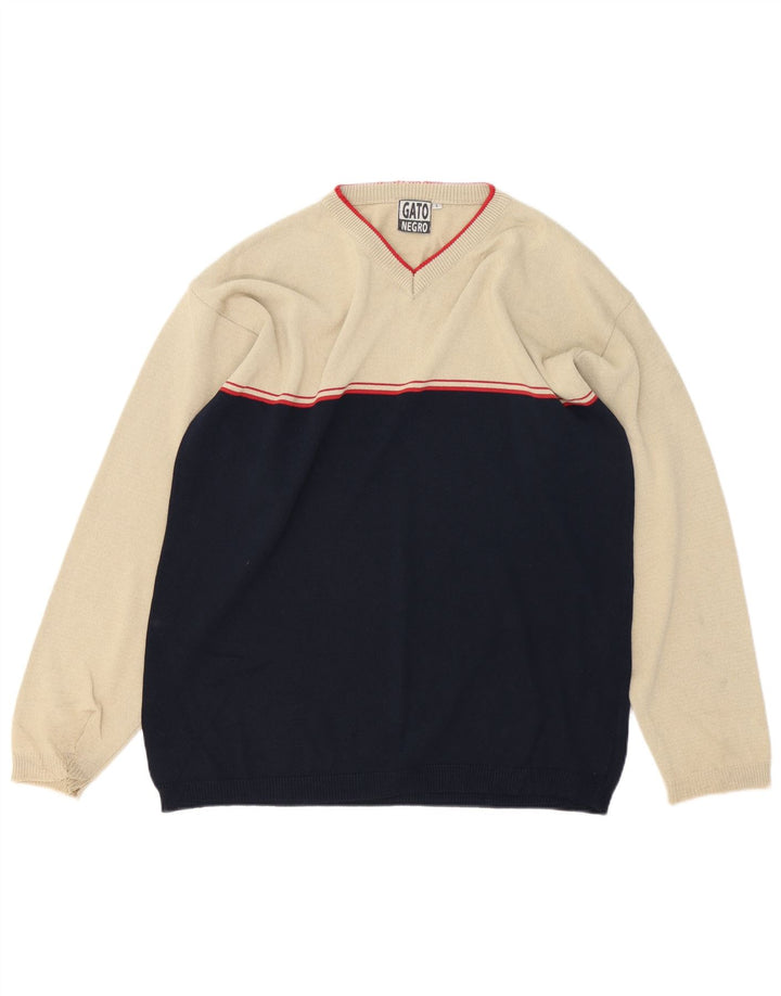 Maglione da uomo vintage grande in poliacrilico color block beige