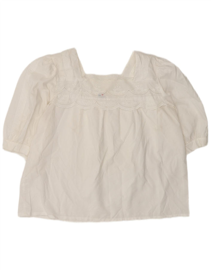 Top camicetta da donna vintage UK 16 grande motivo floreale bianco