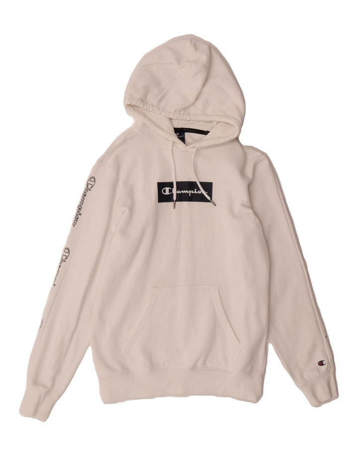 CHAMPION Mens Graphic Hoodie Jumper Small White Cotton Vintage Champion and Second-Hand Champion from Messina Hembry 