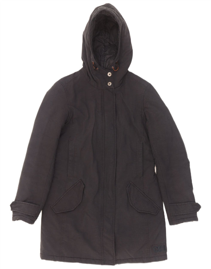 Giacca Parka con cappuccio da donna vintage UK 14 media nera in poliammide