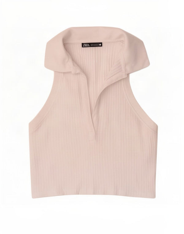 Polo senza maniche corta da donna Zara UK 12 cotone bianco medio