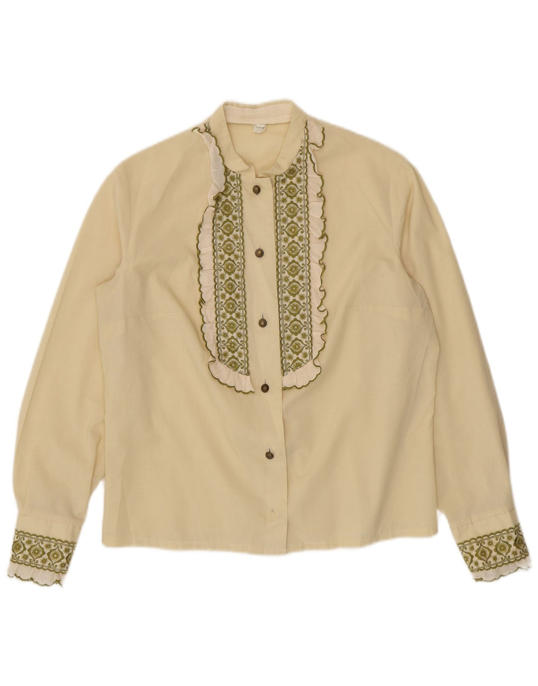 Camicetta vintage da donna con volant sul davanti, taglia UK 14, media, bianco sporco, floreale