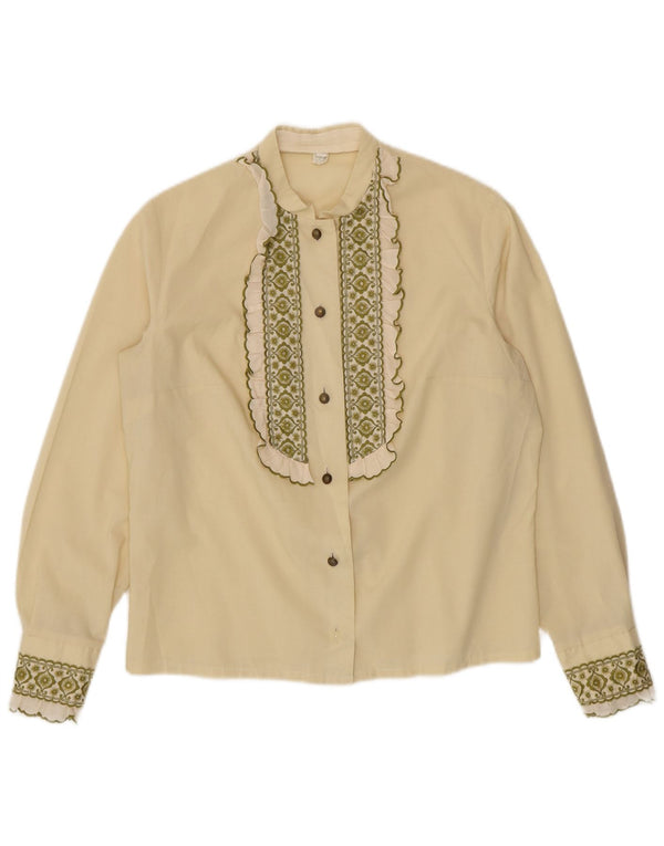 Camicetta vintage da donna con volant sul davanti, taglia UK 14, media, bianco sporco, floreale
