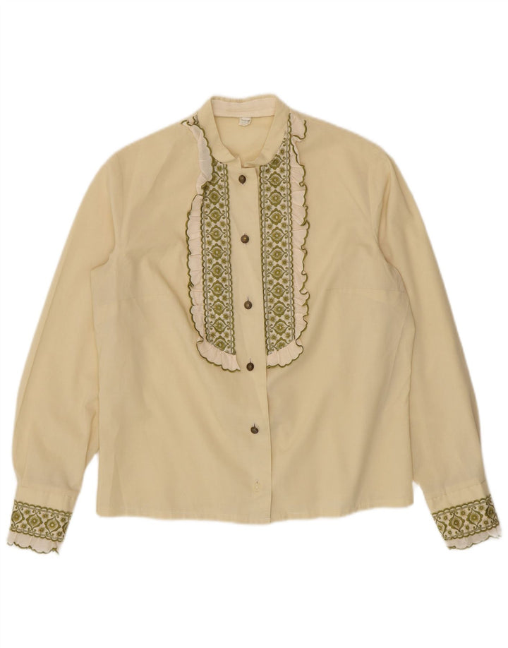 Camicetta vintage da donna con volant sul davanti, taglia UK 14, media, bianco sporco, floreale