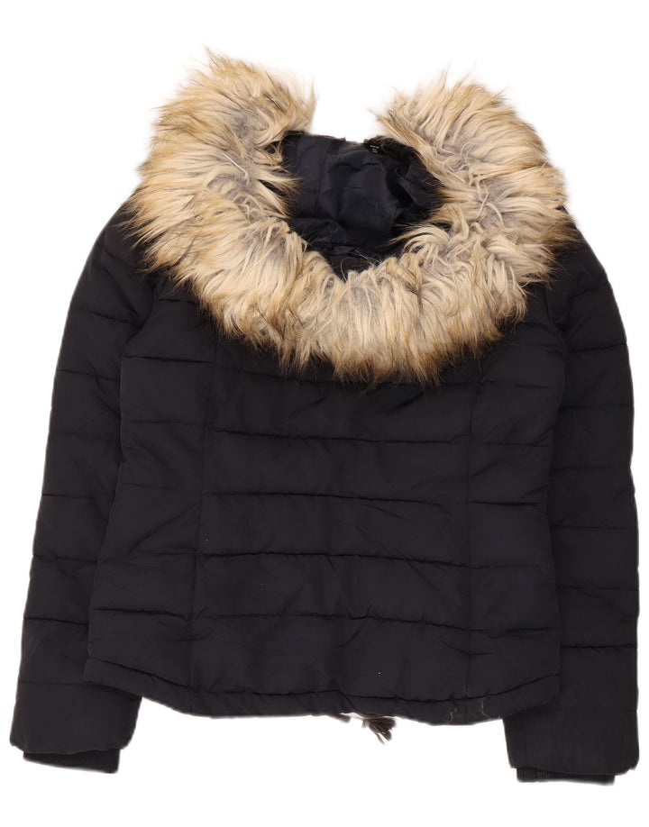 Topshop Giacca imbottita con cappuccio da donna UK 8 Small Poliestere blu navy