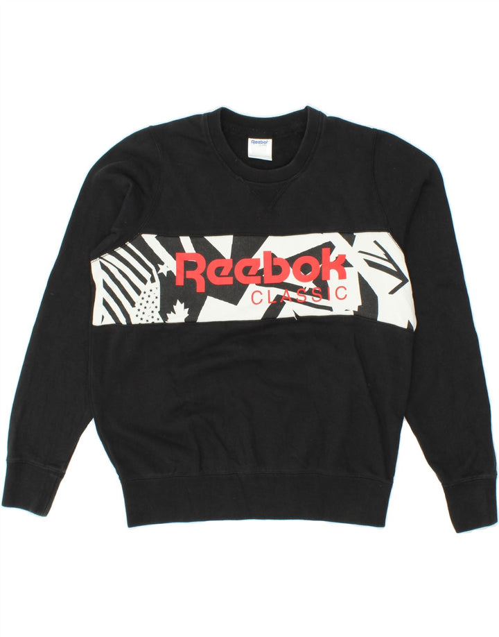 REEBOK Womens Graphic Sweatshirt Jumper UK 8/10 Small Black Cotton Vintage Reebok and Second-Hand Reebok from Messina Hembry 