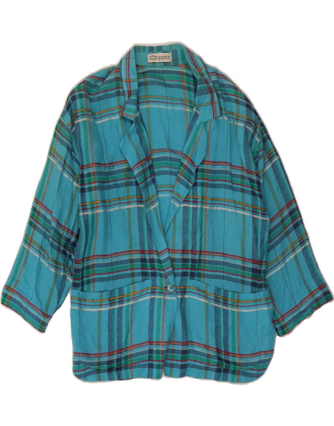 SUPERIOR Womens 3/4 Sleeve 1 Button Blazer Jacket UK 14 Large Blue Check Vintage Superior and Second-Hand Superior from Messina Hembry 