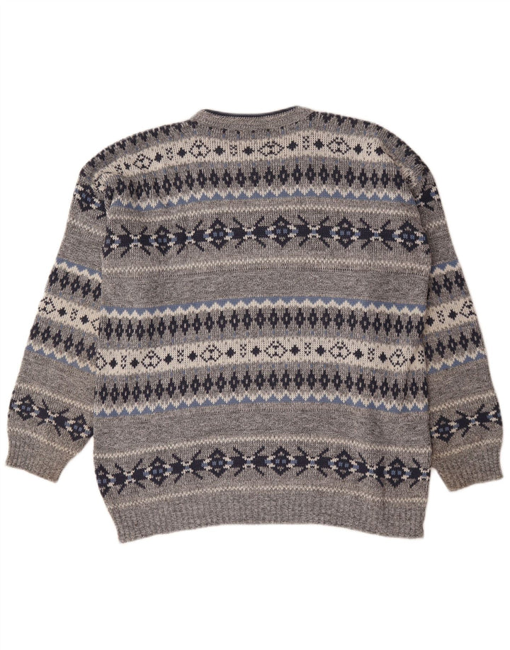 Vintage Mens Crew Neck Jumper Sweater Large Grey Fair Isle