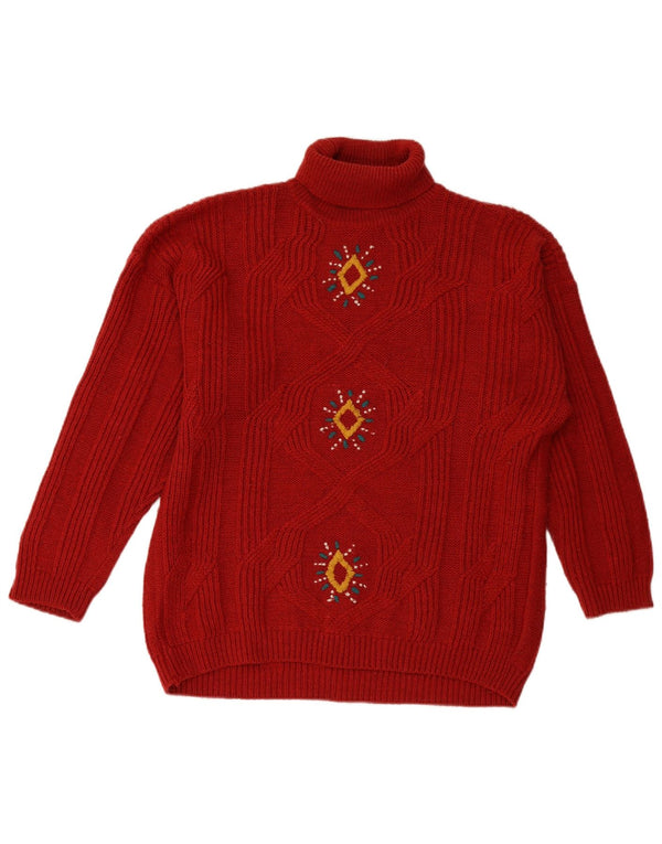 Maglione maglione collo alto da donna VINTAGE UK 18 XL Borgogna Fair Isle