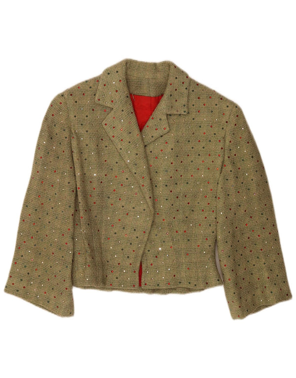 Giacca blazer vintage da donna con maniche a 3/4 corta UK 12 verde medio maculato