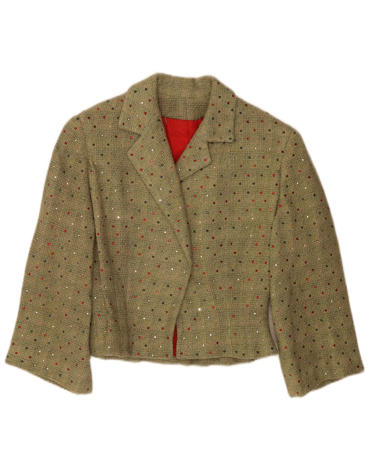 Giacca blazer vintage da donna con maniche a 3/4 corta UK 12 verde medio maculato