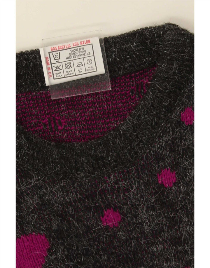 Maglione vintage da donna con scollo a barchetta lungo, taglia unica, grigio maculato