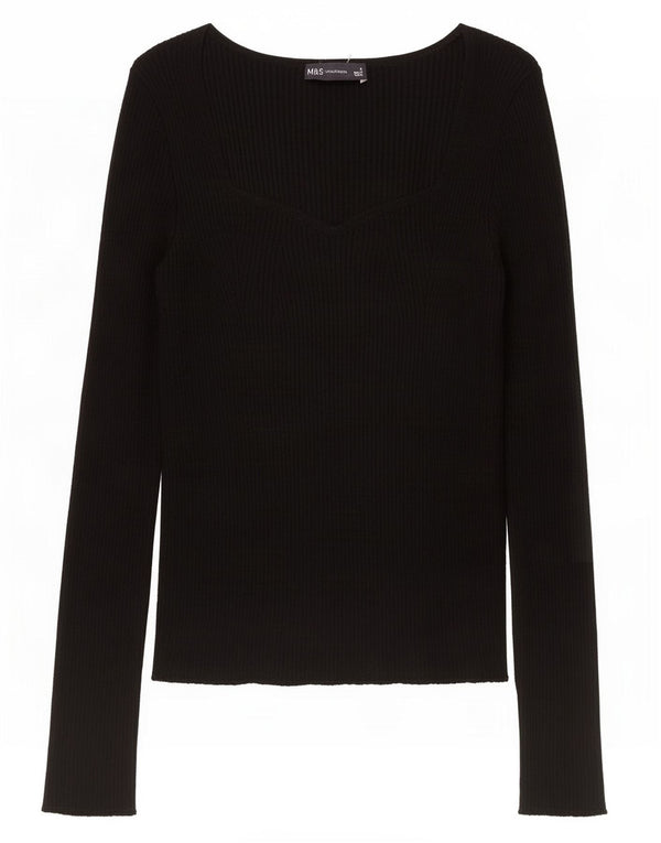 Marks & Spencer Top da donna a maniche lunghe UK 8 Small in viscosa nera